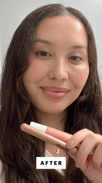 Malzahn after applying the Rhode Peptide Lip Shape in Balance  Anfisa Skin ÂnGloss Ceramide Lip Tint in Angel Food