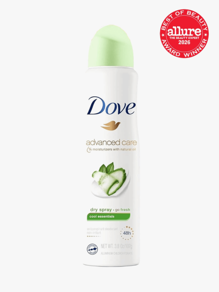 Dove Advanced Care Dry Spray Antiperspirant in branded component on a light gray background with best of beauty 2026 seal in the top right corner